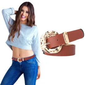 105cm Women's Vintage Brown Genuine Leather Retro Belt with Gold Metal Round Buckle