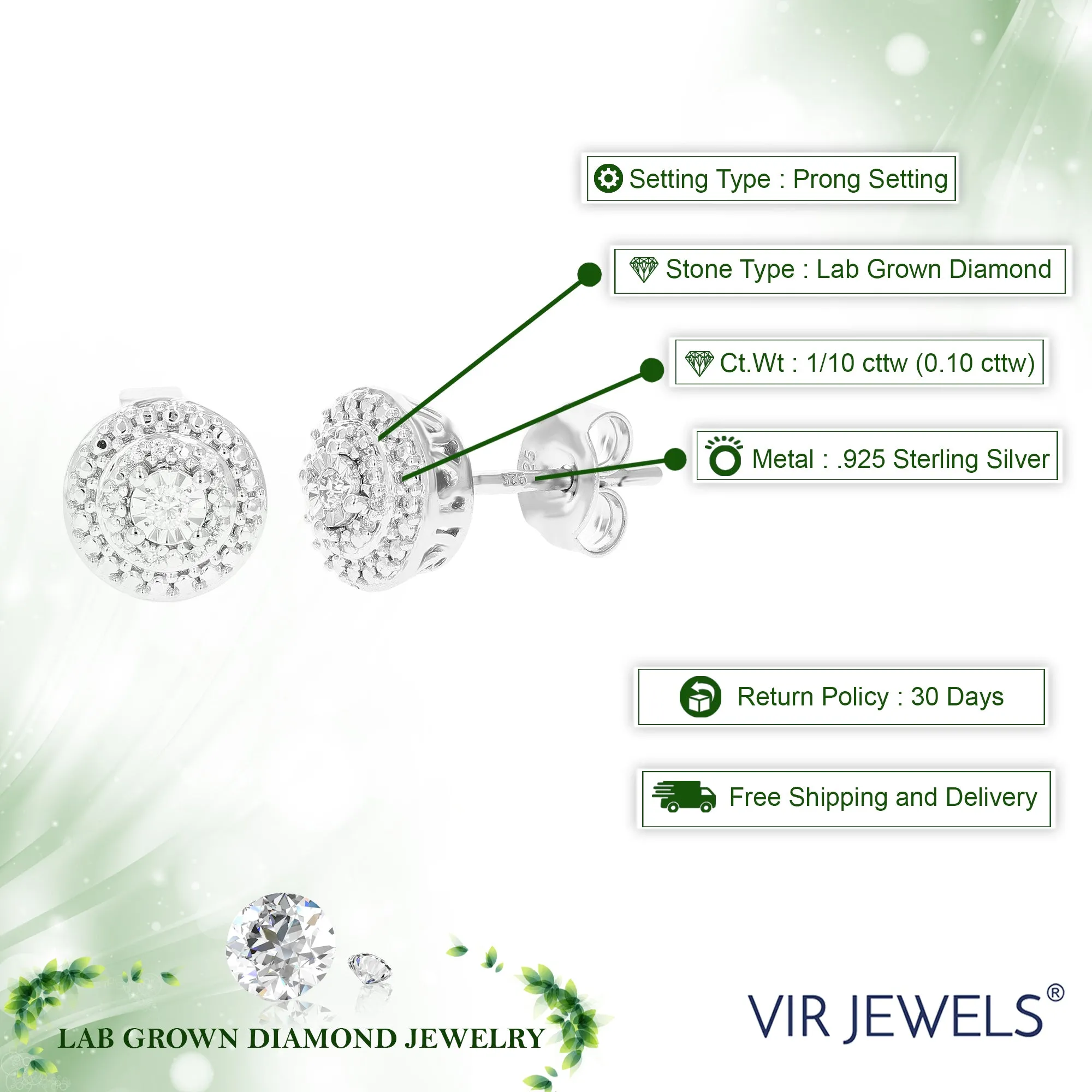 1/10 cttw 20 Stones Round Lab Grown Diamond Studs Earrings .925 Sterling Silver Prong Set 1/3 Inch