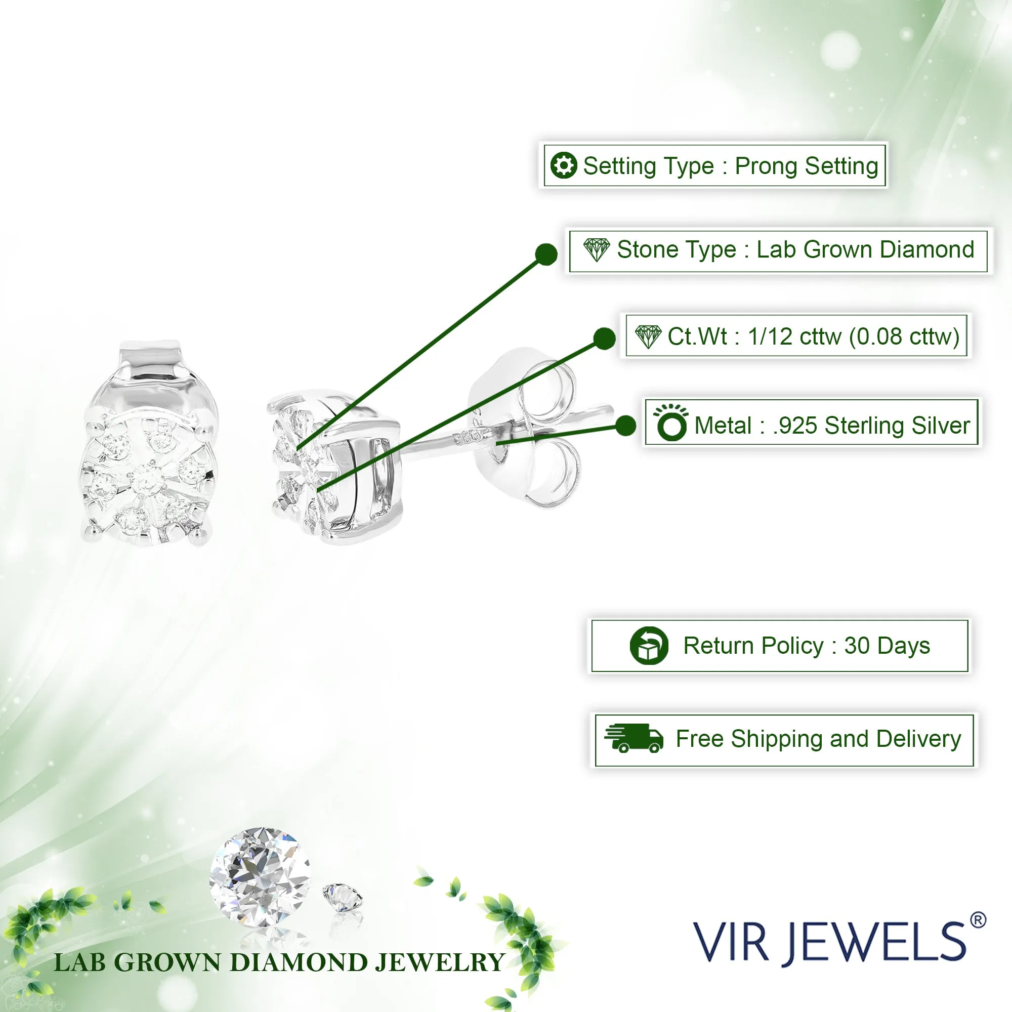 1/12 cttw 14 Stones Round Lab Grown Diamond Studs Earrings .925 Sterling Silver Prong Set 1/5 Inch