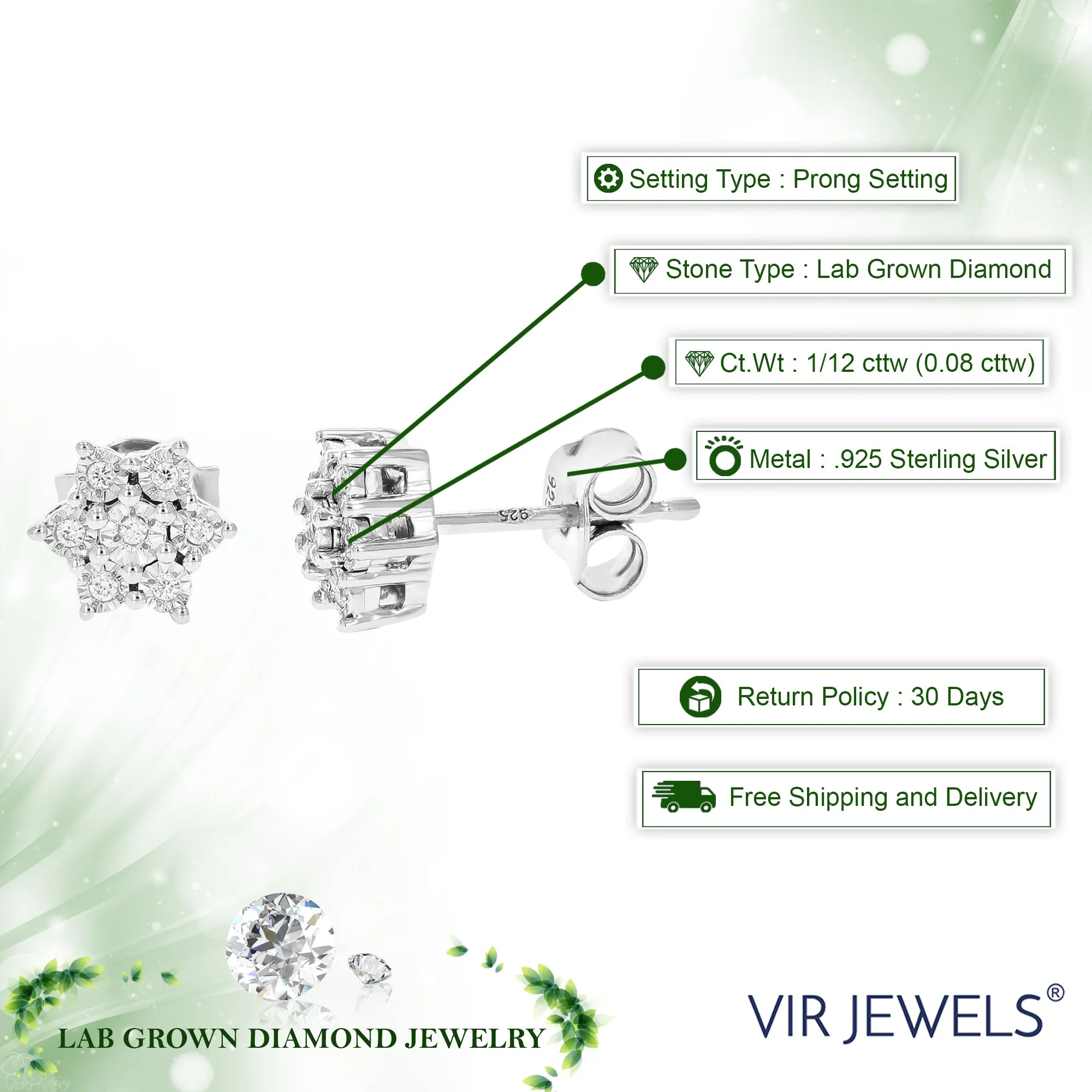 1/12 cttw 14 Stones Round Lab Grown Diamond Studs Earrings .925 Sterling Silver Prong Set Star Shape