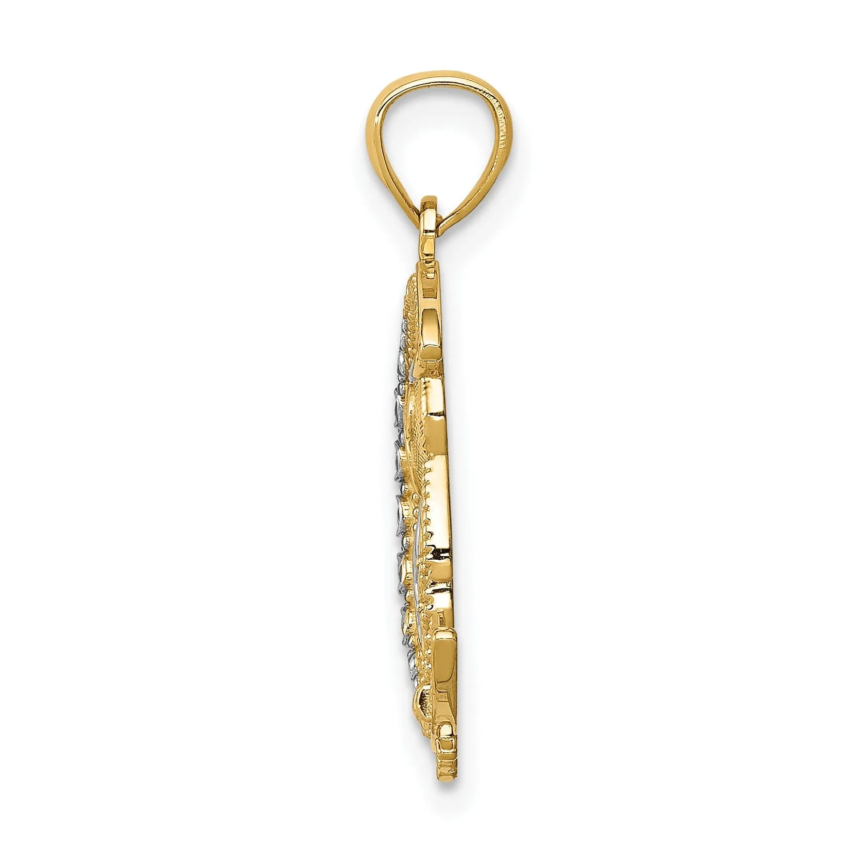 14K Yellow Gold White Rhodium Solid Open Back Diamond Cut Polished Finish Owl on the Moon Charm Pendant