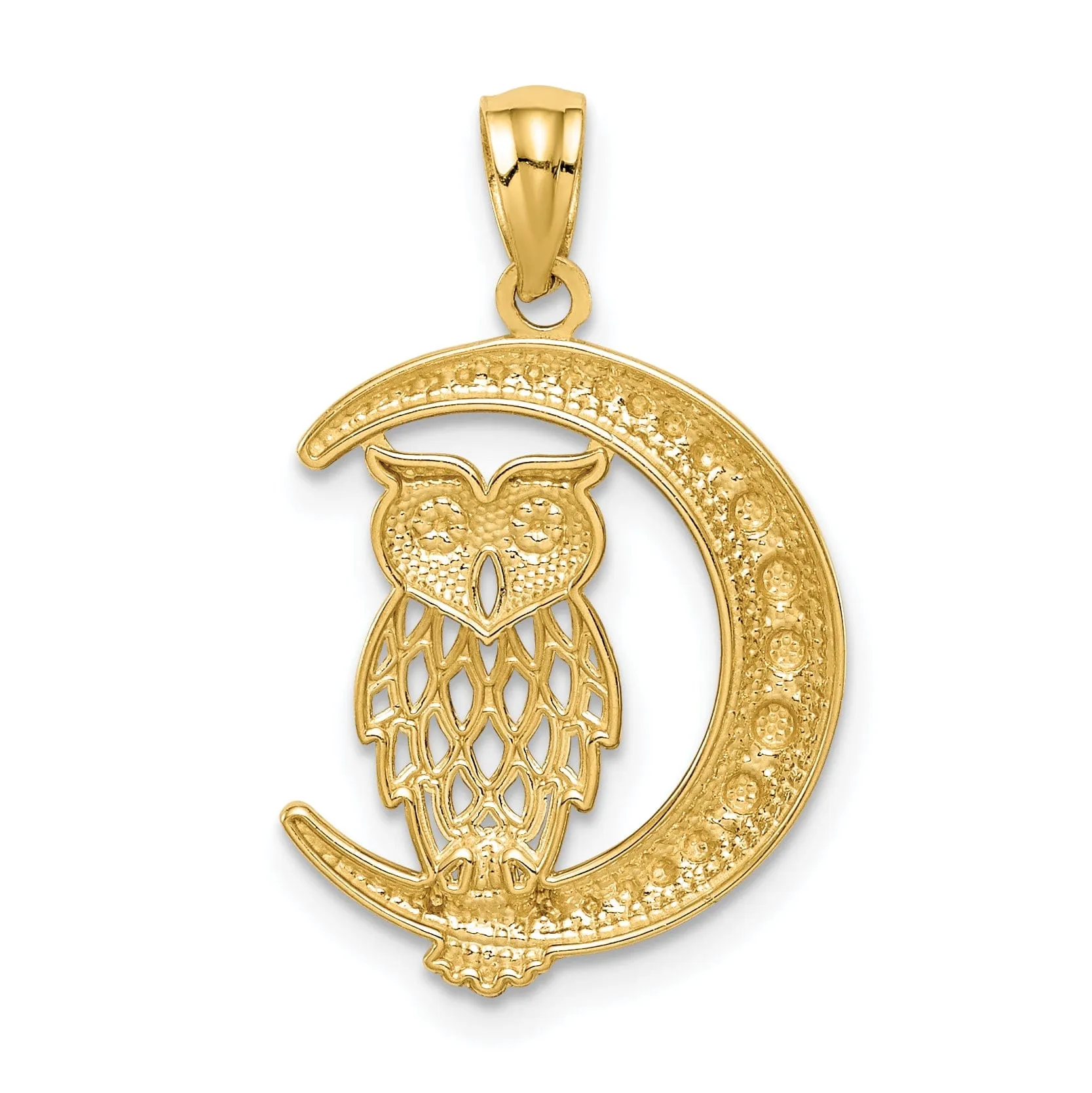 14K Yellow Gold White Rhodium Solid Open Back Diamond Cut Polished Finish Owl on the Moon Charm Pendant