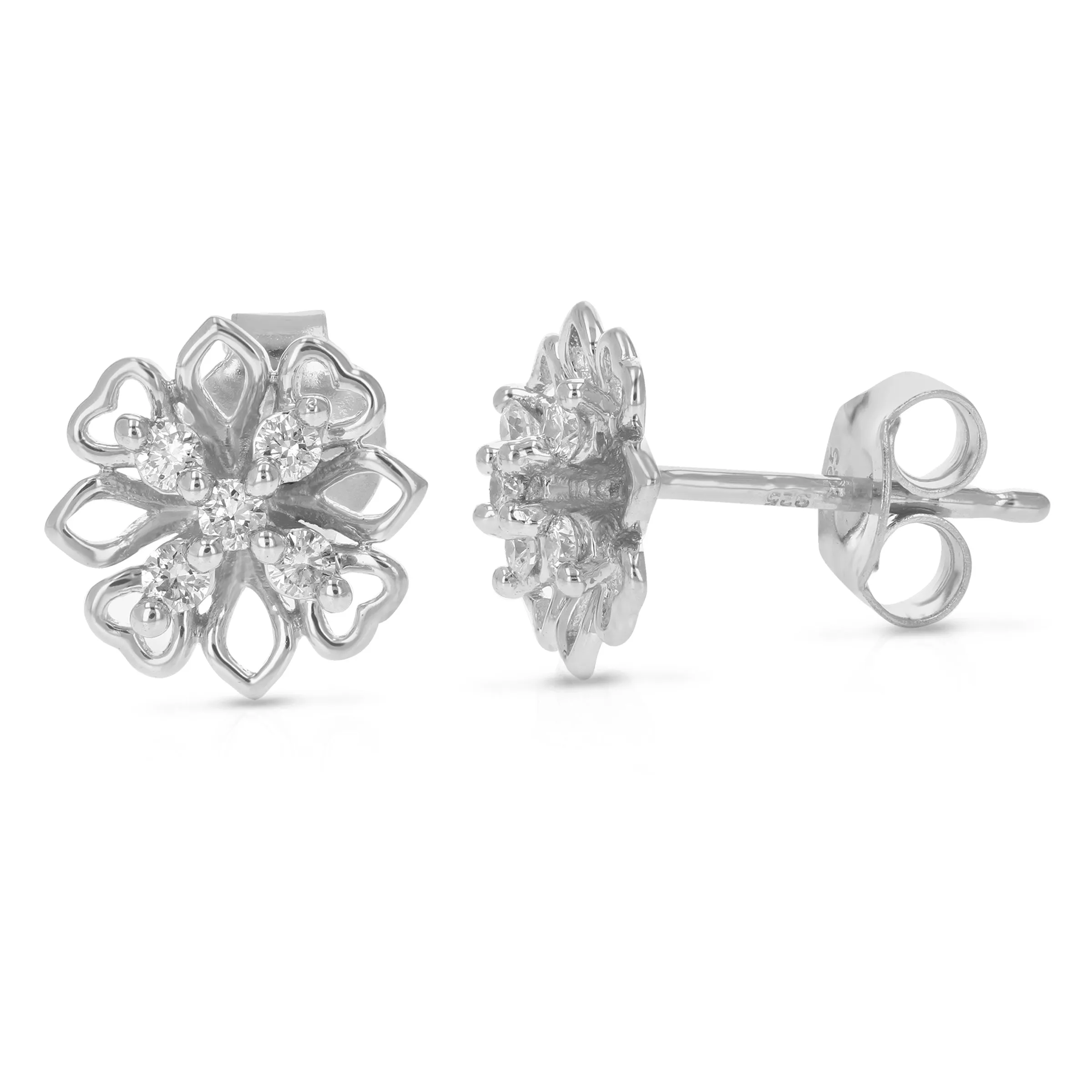 1/5 cttw Round Cut Lab Grown Diamond Stud Earrings .925 Sterling Silver Prong Set Flower Pattern