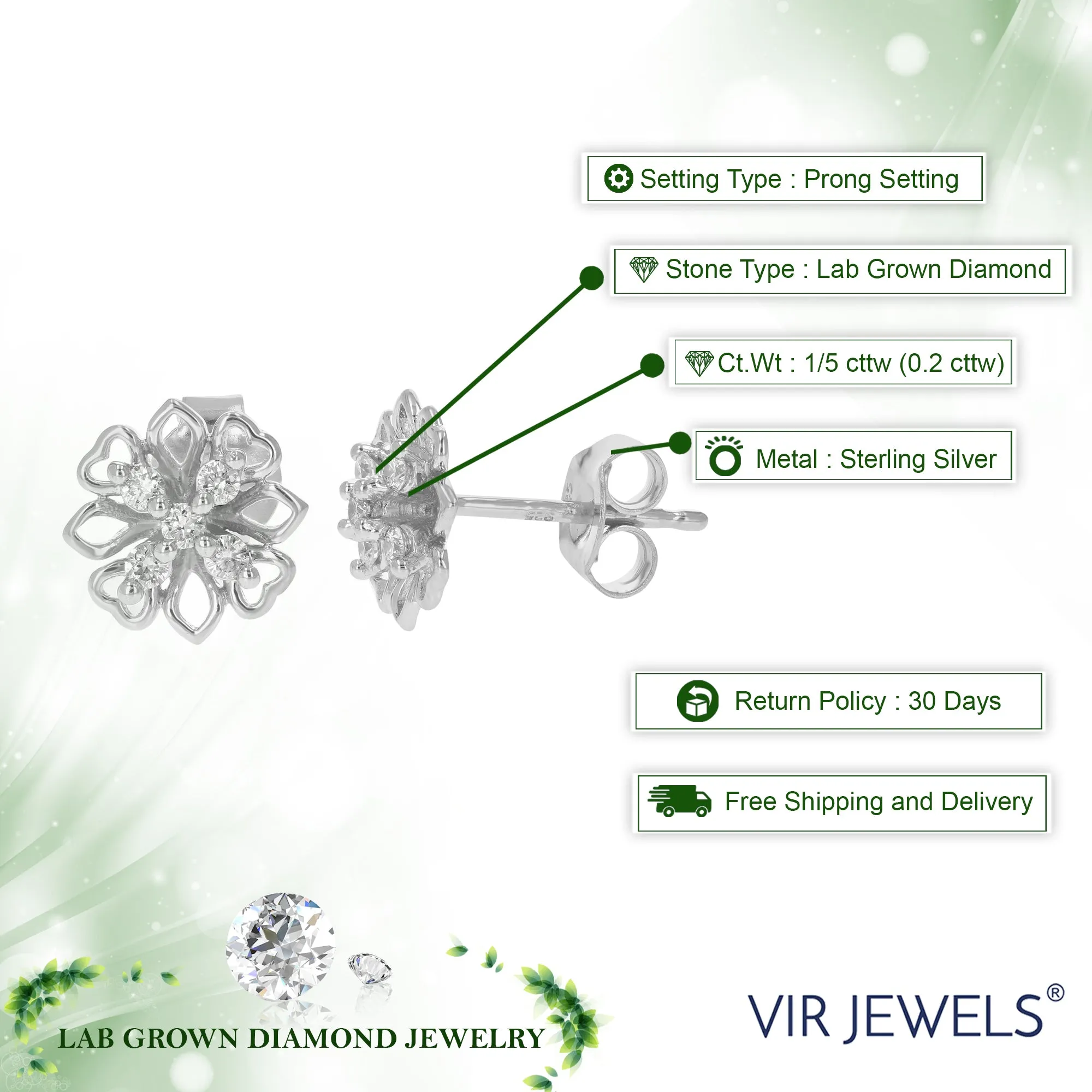 1/5 cttw Round Cut Lab Grown Diamond Stud Earrings .925 Sterling Silver Prong Set Flower Pattern