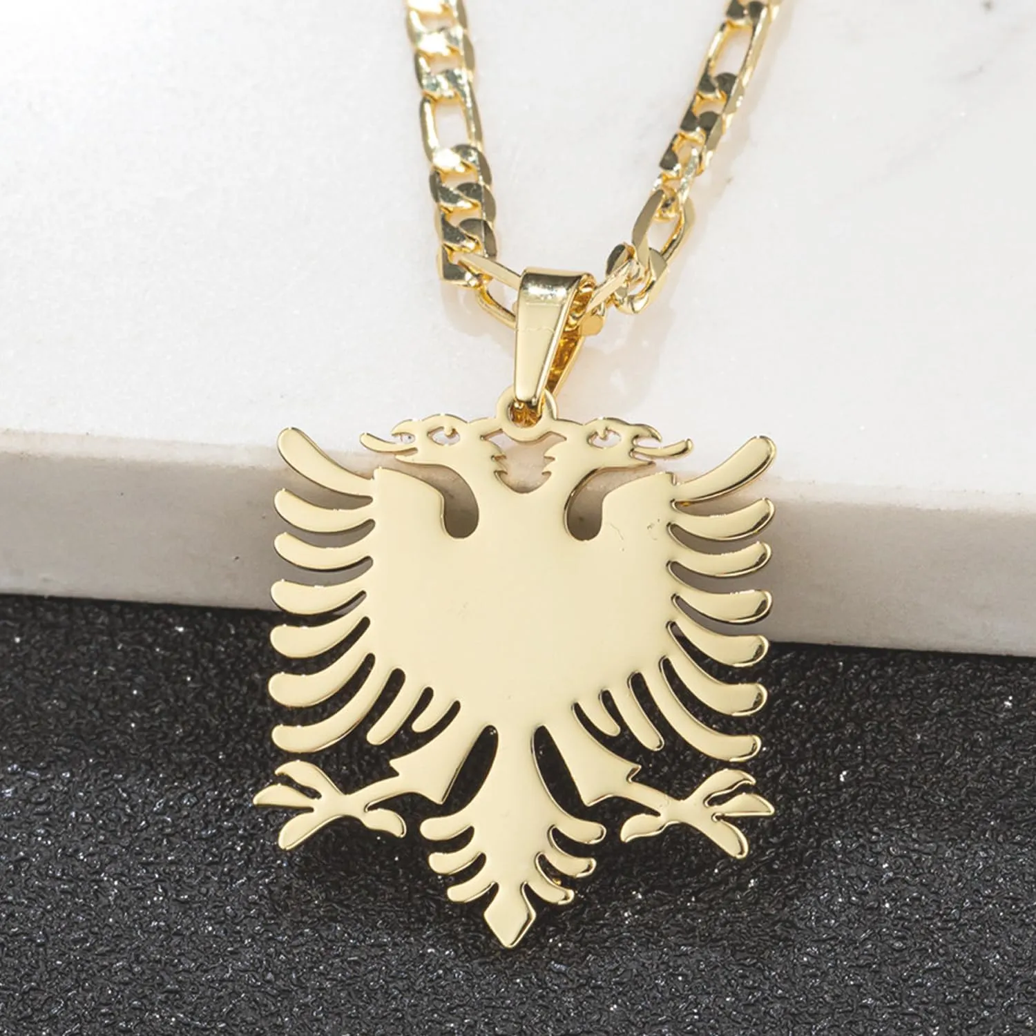 18K Gold Plated Albania Eagle Pendant Necklace for Women Men Polishing Stainless Steel Jewelry 3mm Flat Figaro Chain Necklace 18/22 inches