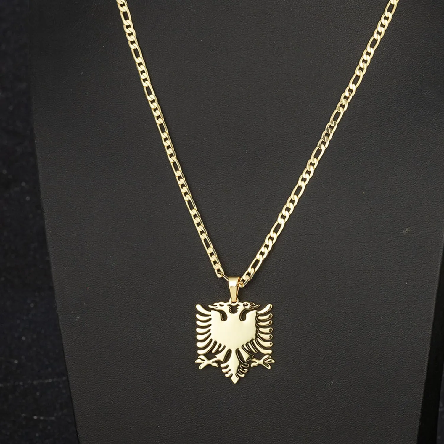 18K Gold Plated Albania Eagle Pendant Necklace for Women Men Polishing Stainless Steel Jewelry 3mm Flat Figaro Chain Necklace 18/22 inches
