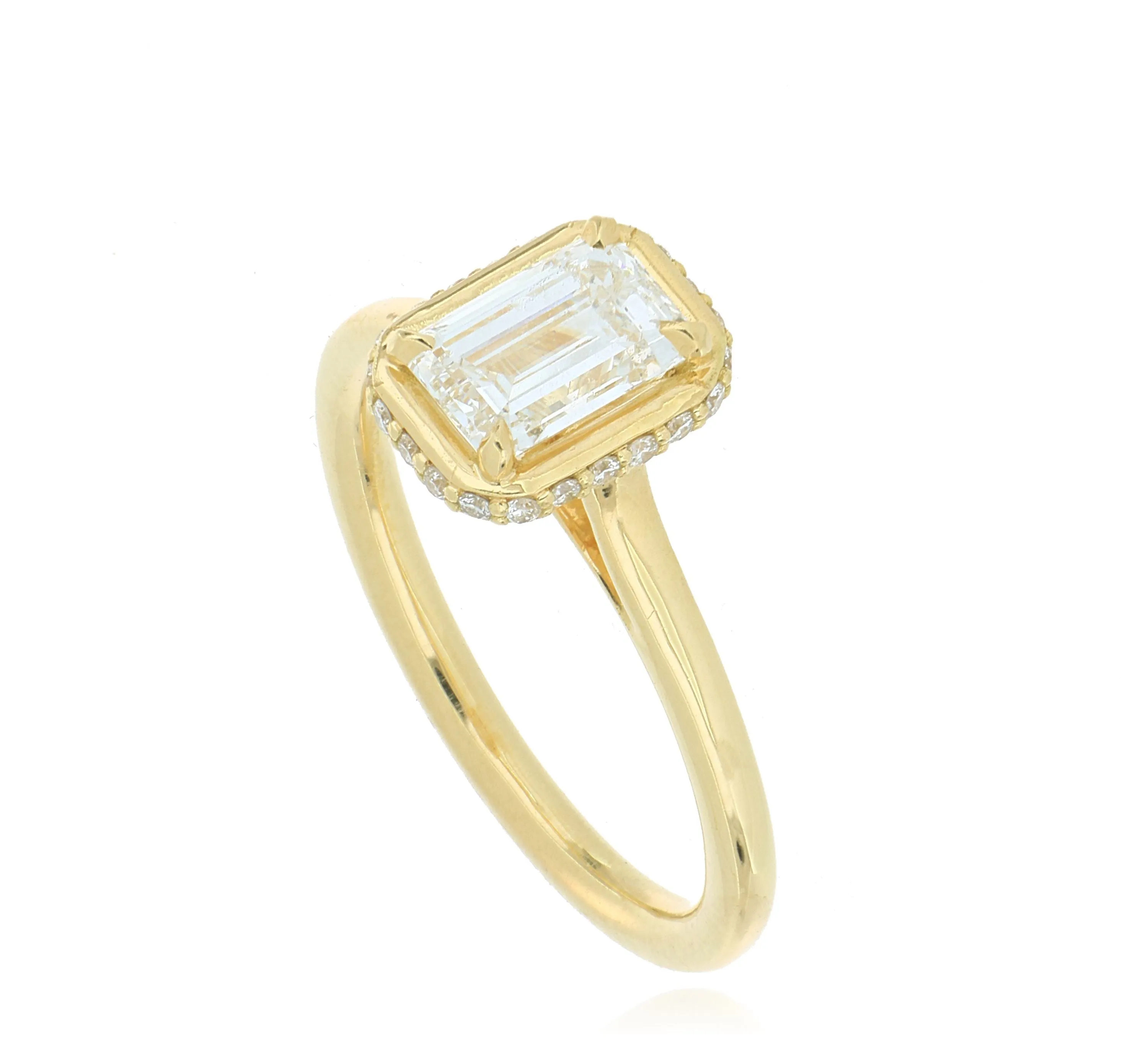 18k Yellow Gold Rectangular Shaped Solitaire Halo Engagement Ring