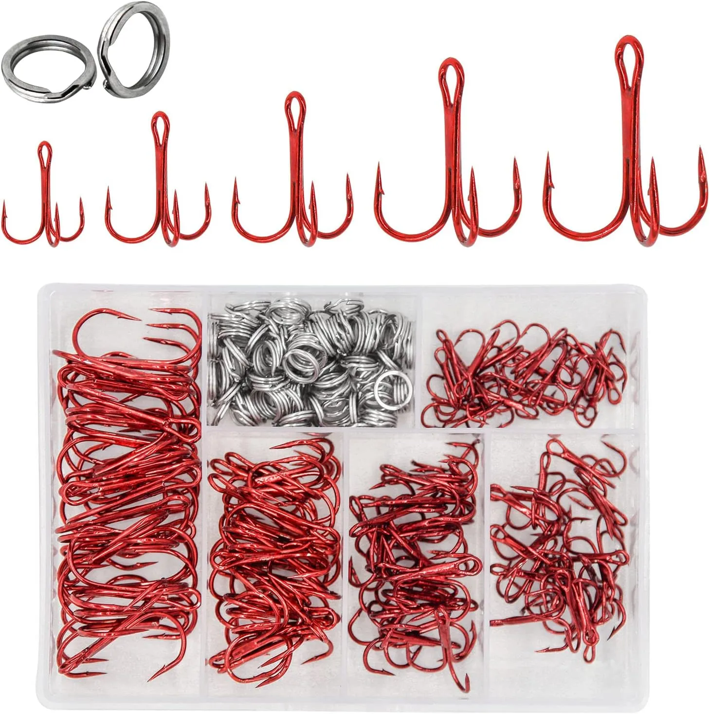 200 Pack Fishing Treble Hooks Kit High Carbon Steel Hooks Strong Sharp Round Bend with Split Rings for Lures Baits Saltwater Freshwater Fishing Size 2 4 6 8 10