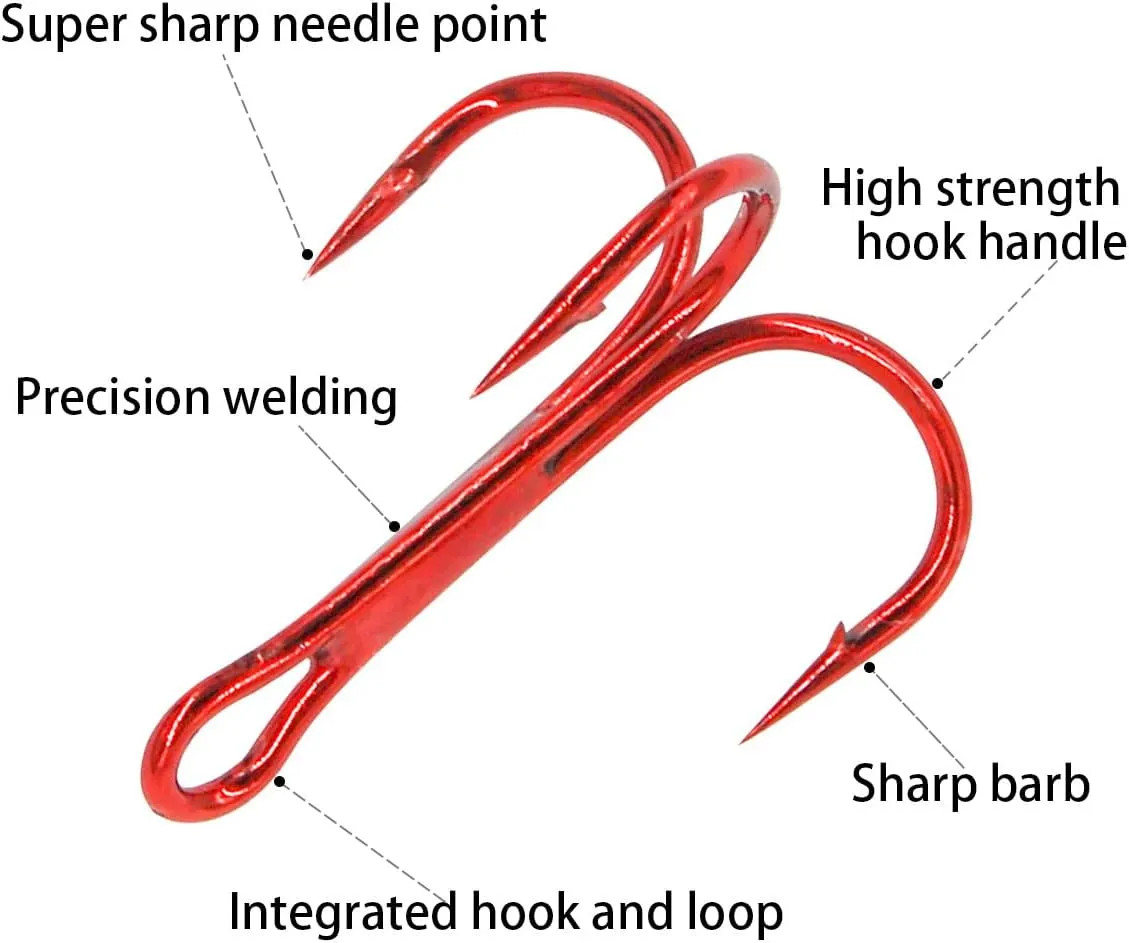 200 Pack Fishing Treble Hooks Kit High Carbon Steel Hooks Strong Sharp Round Bend with Split Rings for Lures Baits Saltwater Freshwater Fishing Size 2 4 6 8 10