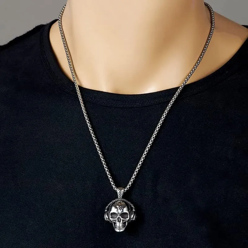 24 - Inch Stainless Steel Angel Wing Necklace/Skull Pendant with Headphone Design - Trendy Accessory for Soul Music Aficionados