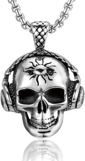 24 - Inch Stainless Steel Angel Wing Necklace/Skull Pendant with Headphone Design - Trendy Accessory for Soul Music Aficionados