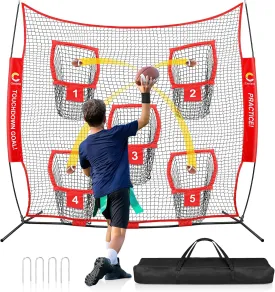 8 x 8ft/8 x 4ft Football Net Target w/ 5 Pocket Practice Net Quarterback Training Equipment for Throw Accuracy Improving w/Carry Bag, Ground Stake for Backyard Kids