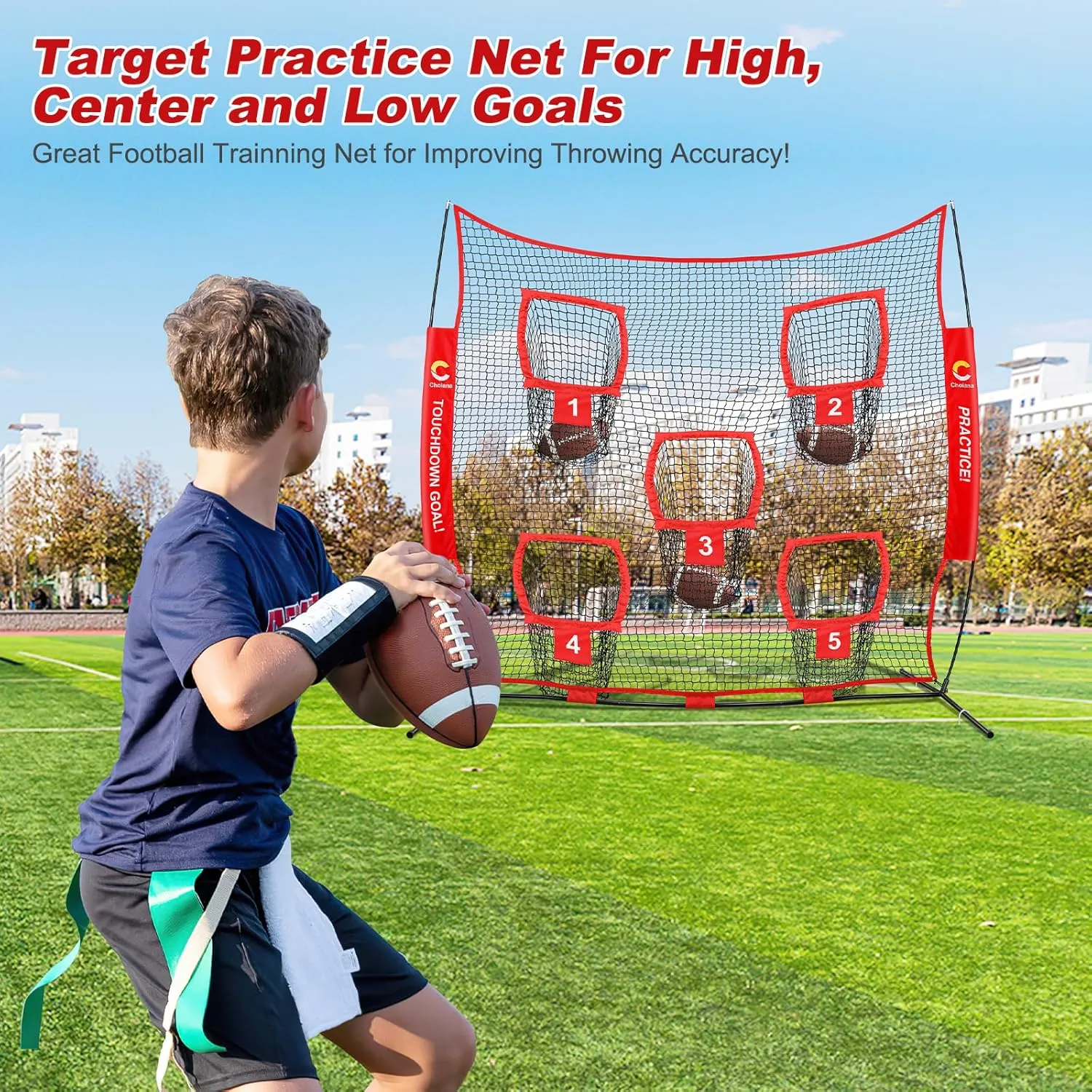 8 x 8ft/8 x 4ft Football Net Target w/ 5 Pocket Practice Net Quarterback Training Equipment for Throw Accuracy Improving w/Carry Bag, Ground Stake for Backyard Kids