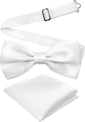 Adjustable Bowtie and Pocket Square Men Bowtie and Handkerchief Solid Color Double Fold Pre-Tied Bow Tie for Wedding Party