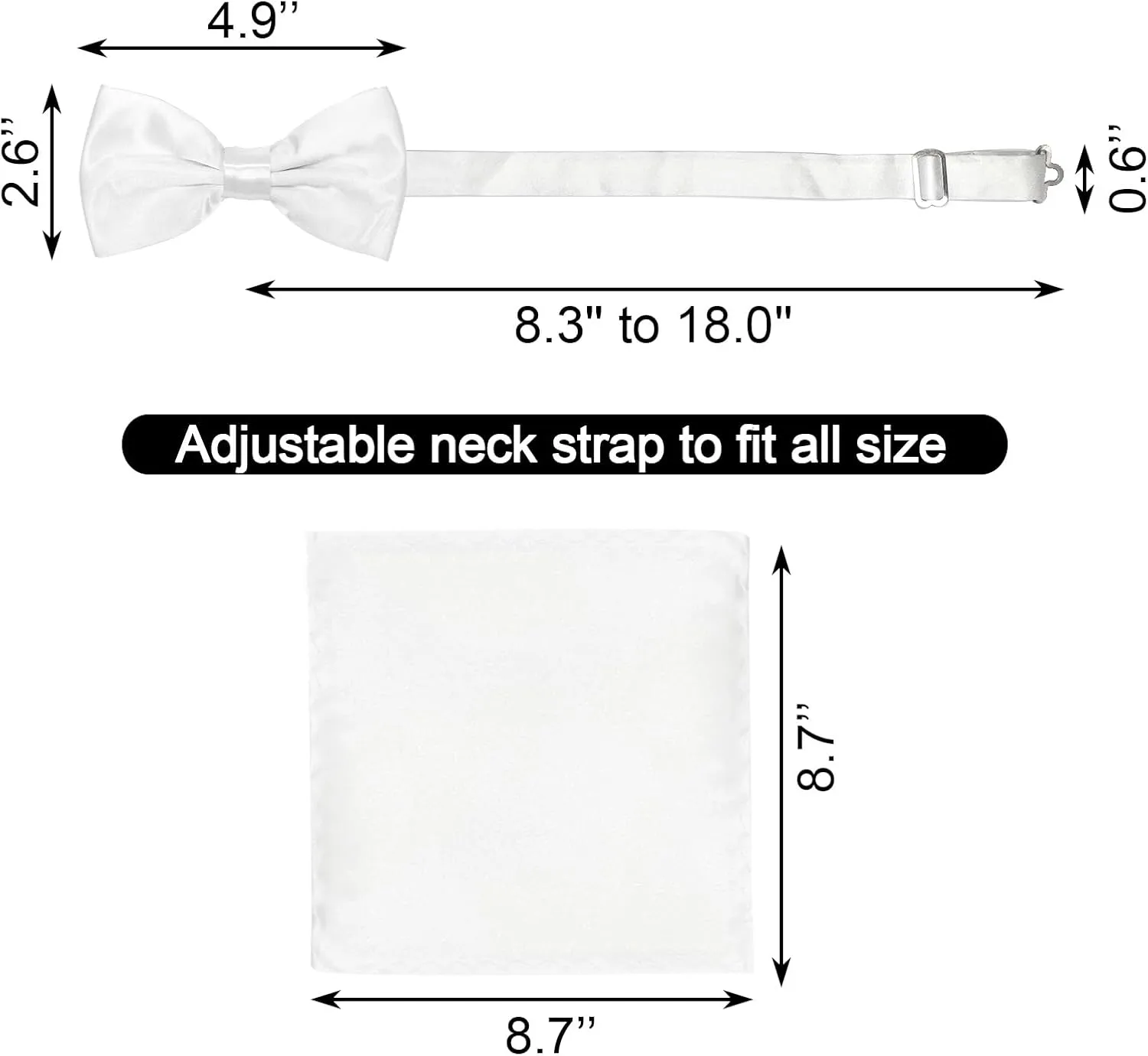 Adjustable Bowtie and Pocket Square Men Bowtie and Handkerchief Solid Color Double Fold Pre-Tied Bow Tie for Wedding Party