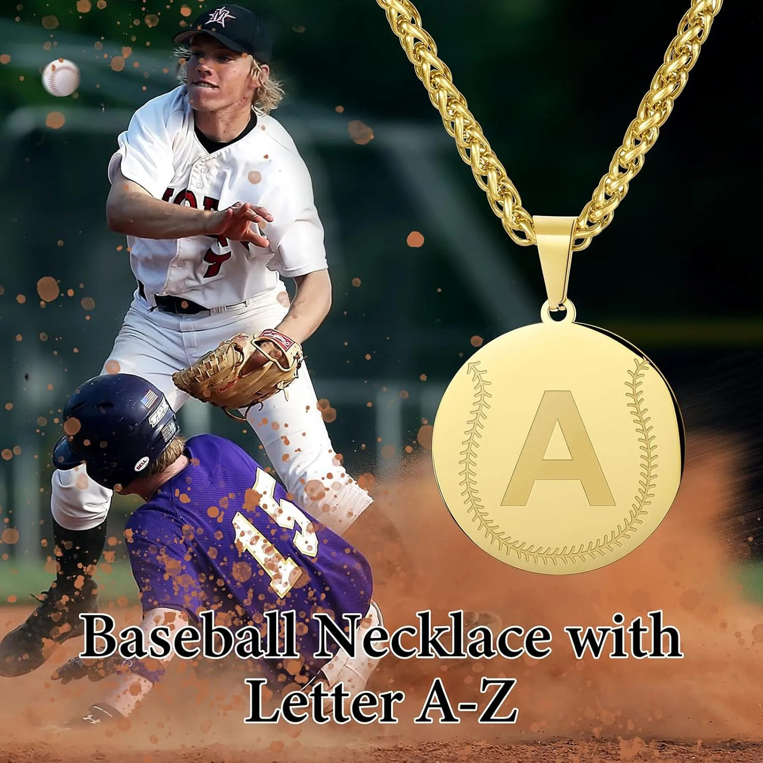AMITER Baseball Necklace with Initial, Personalized A-Z Letter Baseball/Softball Pendant Necklace for Men & Women - 14K Gold Painted