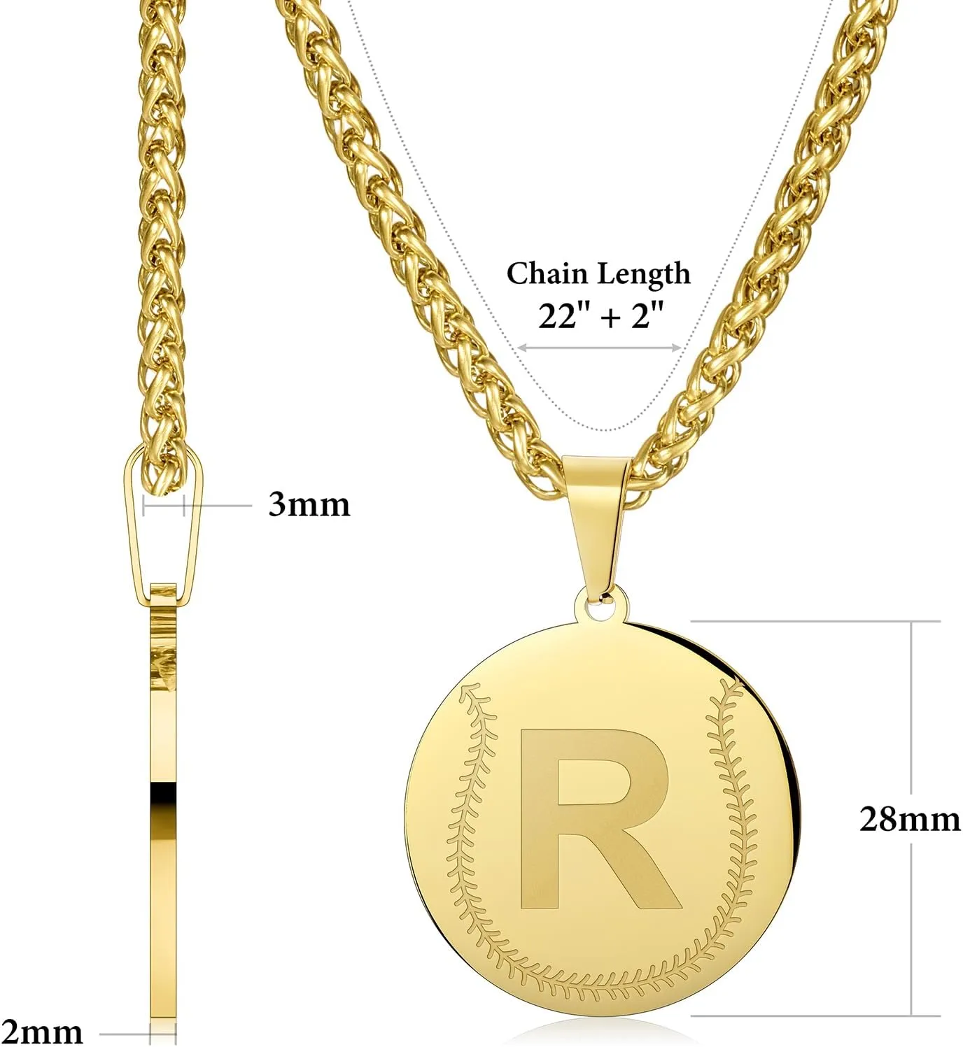 AMITER Baseball Necklace with Initial, Personalized A-Z Letter Baseball/Softball Pendant Necklace for Men & Women - 14K Gold Painted