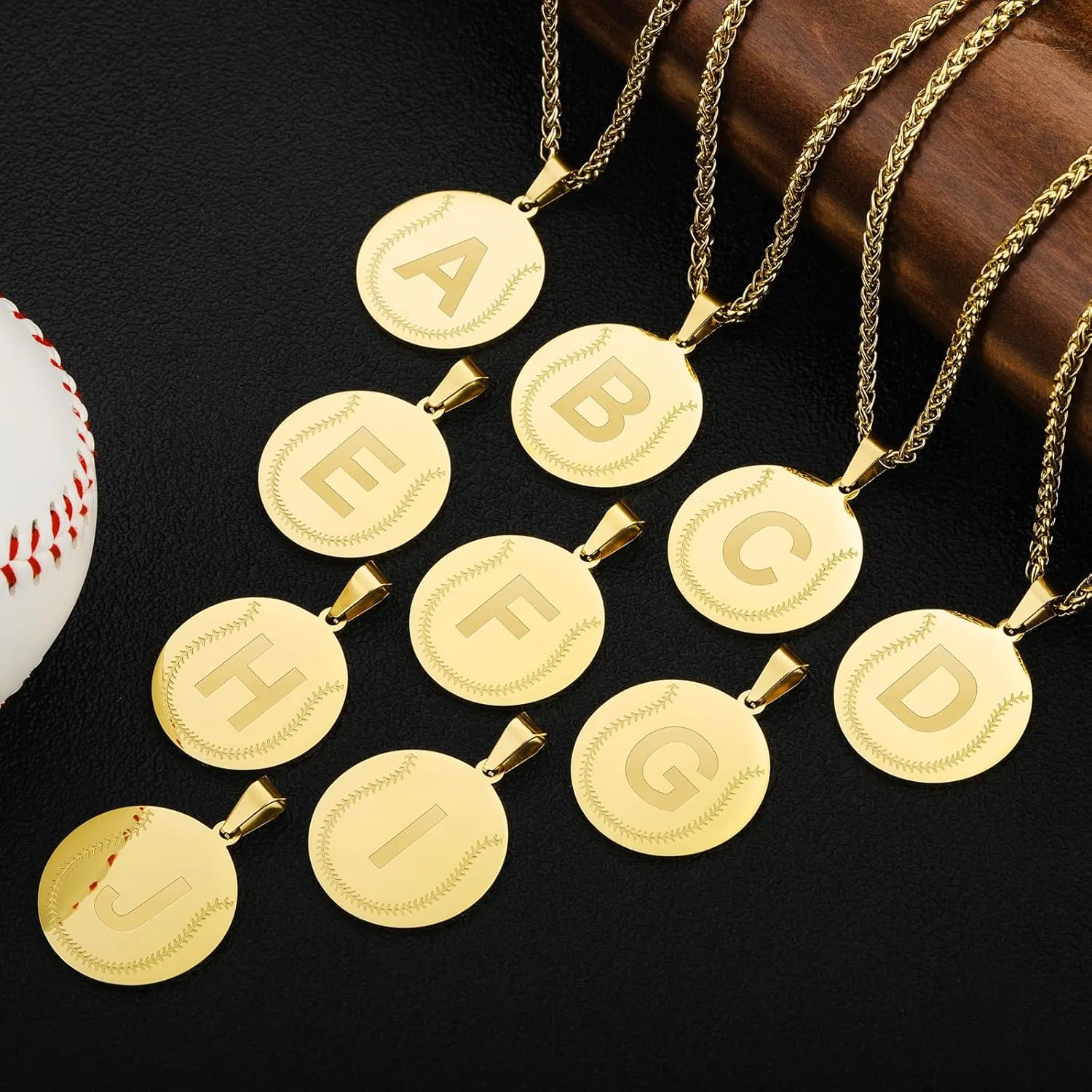 AMITER Baseball Necklace with Initial, Personalized A-Z Letter Baseball/Softball Pendant Necklace for Men & Women - 14K Gold Painted