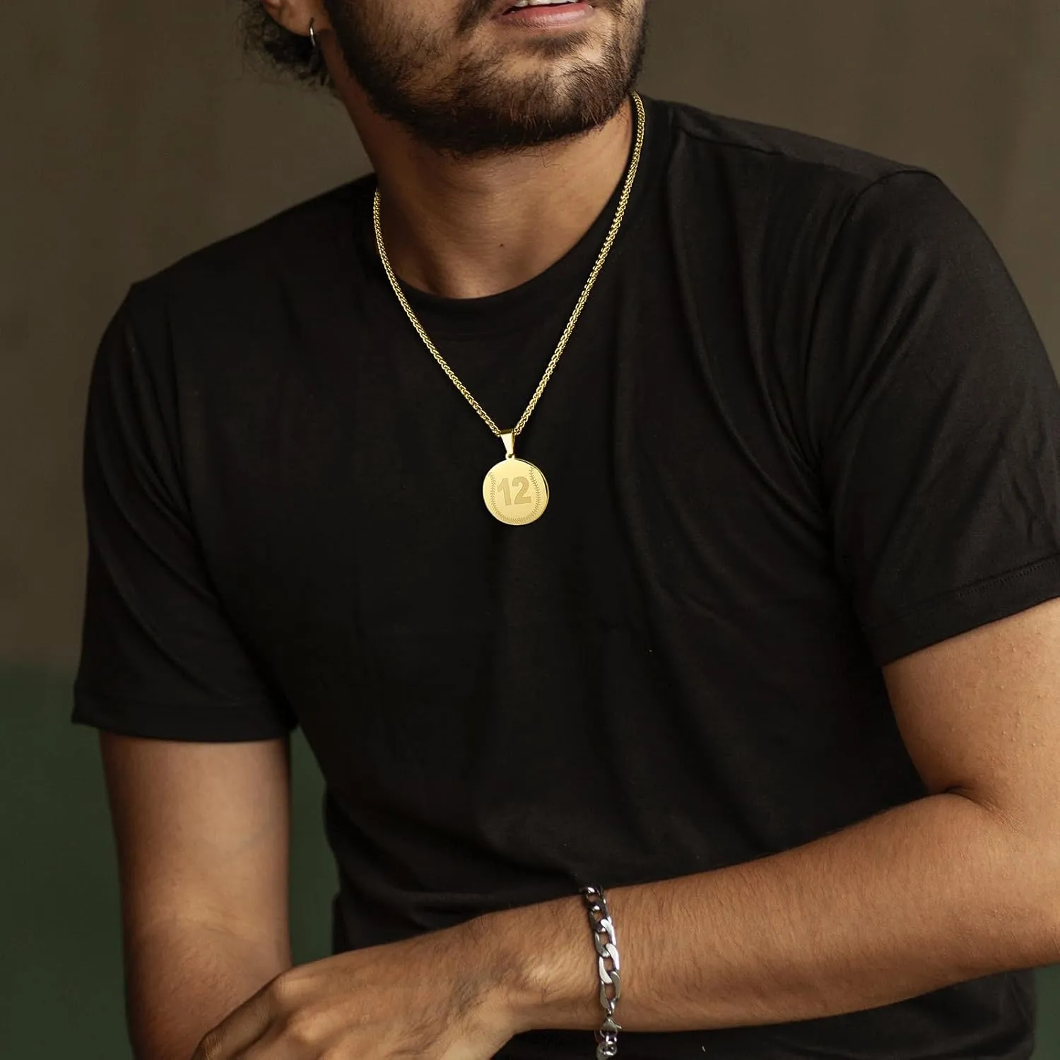 AMITER Baseball Necklace with Number, Personalized 0-99 Jersey Number Baseball/Softball Pendant Necklace for Men & Women - 14K Gold Painted