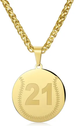 AMITER Baseball Necklace with Number, Personalized 0-99 Jersey Number Baseball/Softball Pendant Necklace for Men & Women - 14K Gold Painted