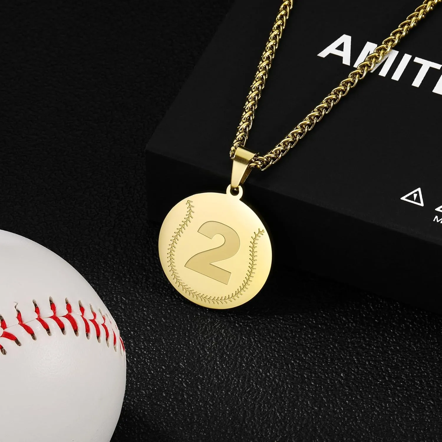 AMITER Baseball Necklace with Number, Personalized 0-99 Jersey Number Baseball/Softball Pendant Necklace for Men & Women - 14K Gold Painted