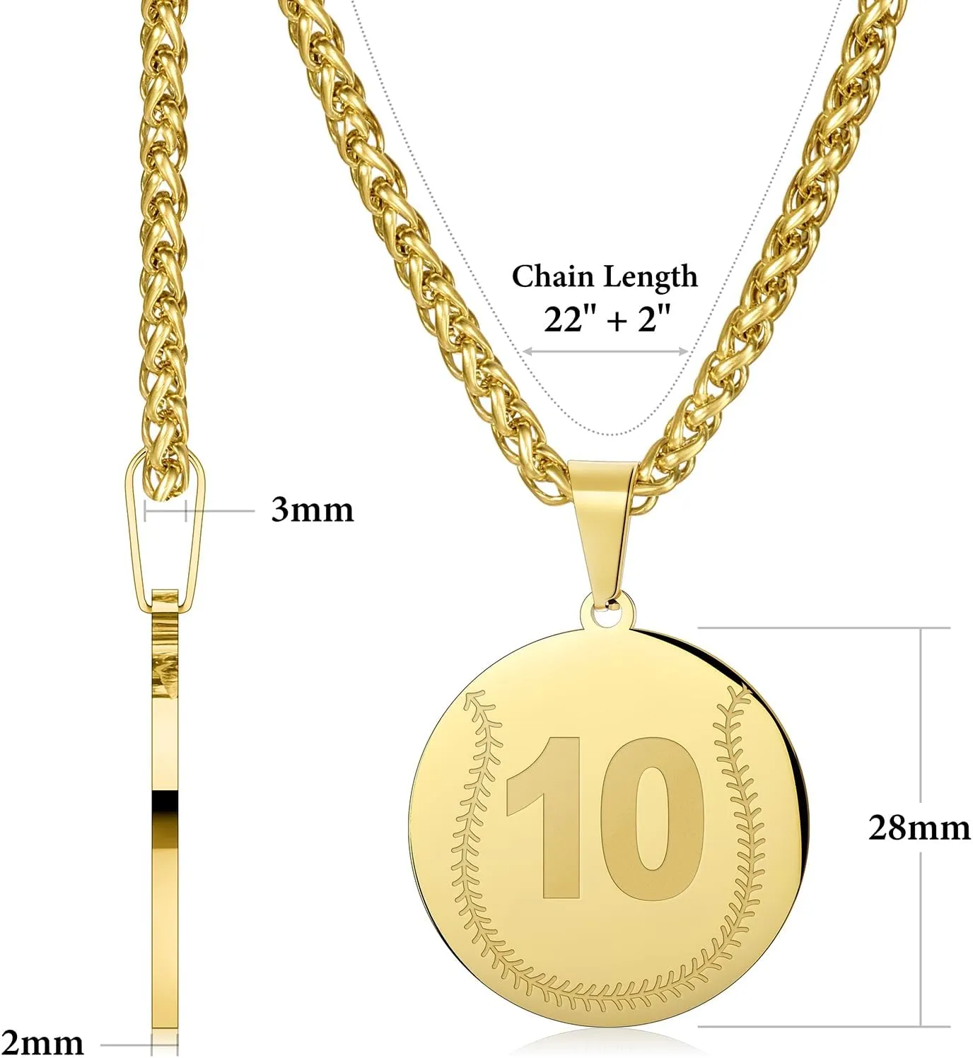 AMITER Baseball Necklace with Number, Personalized 0-99 Jersey Number Baseball/Softball Pendant Necklace for Men & Women - 14K Gold Painted