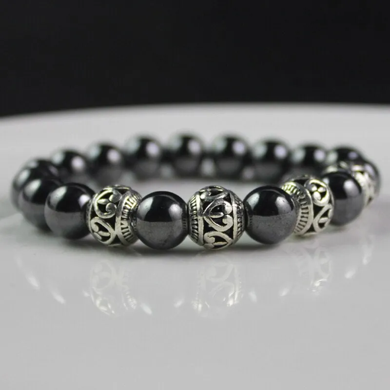 Antique Silver Color Alloy Beads Magnetic Hematite Round Beaded Bracelet
