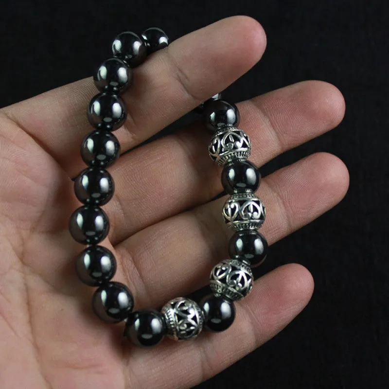 Antique Silver Color Alloy Beads Magnetic Hematite Round Beaded Bracelet