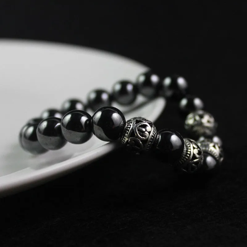 Antique Silver Color Alloy Beads Magnetic Hematite Round Beaded Bracelet