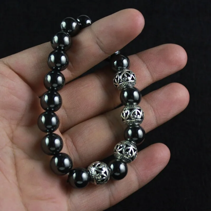 Antique Silver Color Alloy Beads Magnetic Hematite Round Beaded Bracelet