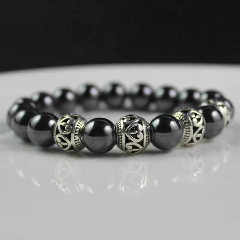 Antique Silver Color Alloy Beads Magnetic Hematite Round Beaded Bracelet