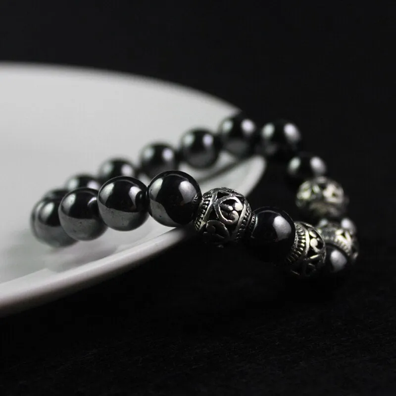 Antique Silver Color Alloy Beads Magnetic Hematite Round Beaded Bracelet