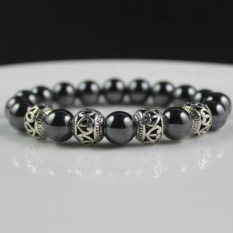 Antique Silver Color Alloy Beads Magnetic Hematite Round Beaded Bracelet