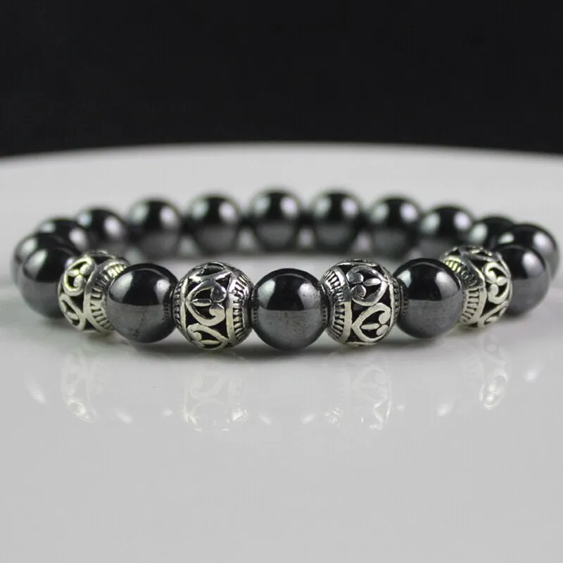 Antique Silver Color Alloy Beads Magnetic Hematite Round Beaded Bracelet