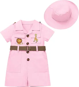 Baby Safari Outfit Wild One Birthday Outfit Girl Short Sleeve Safari Jumpsuit with Hat Toddler Zoo Keeper Outfit