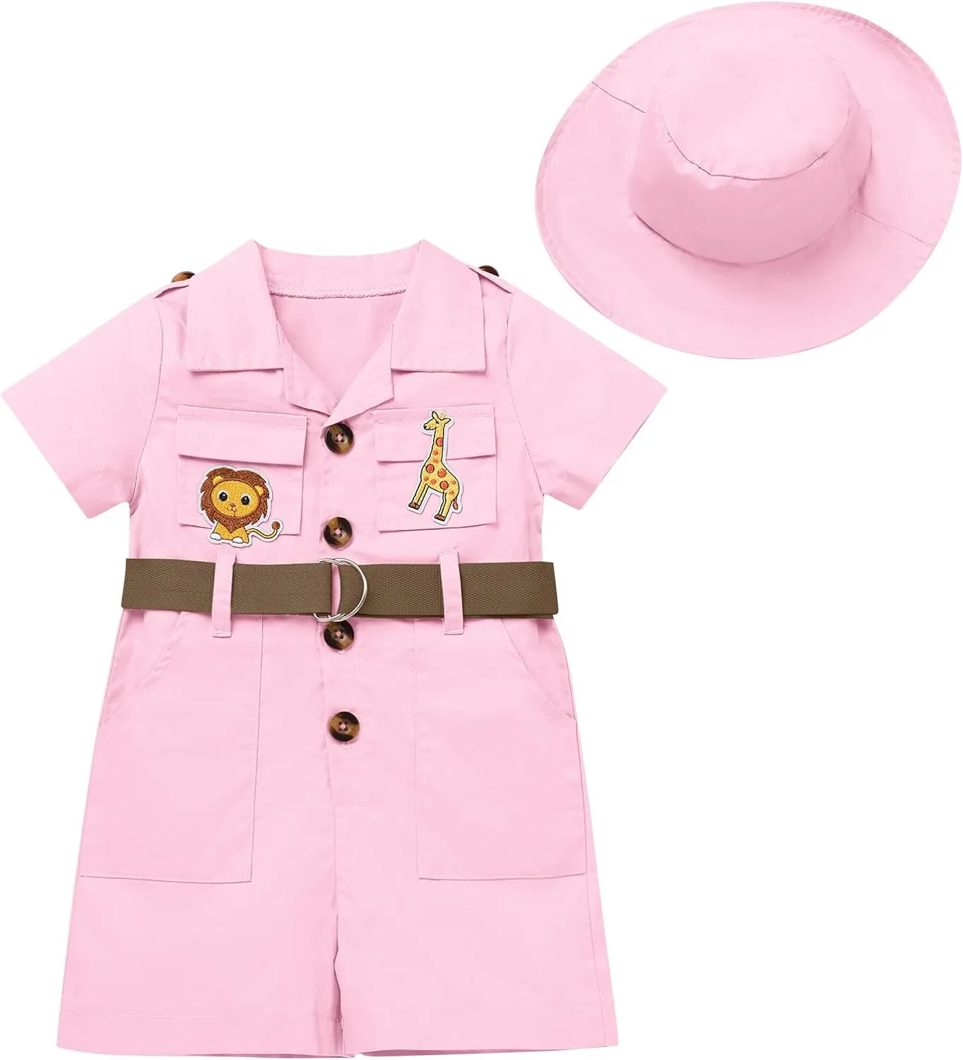 Baby Safari Outfit Wild One Birthday Outfit Girl Short Sleeve Safari Jumpsuit with Hat Toddler Zoo Keeper Outfit