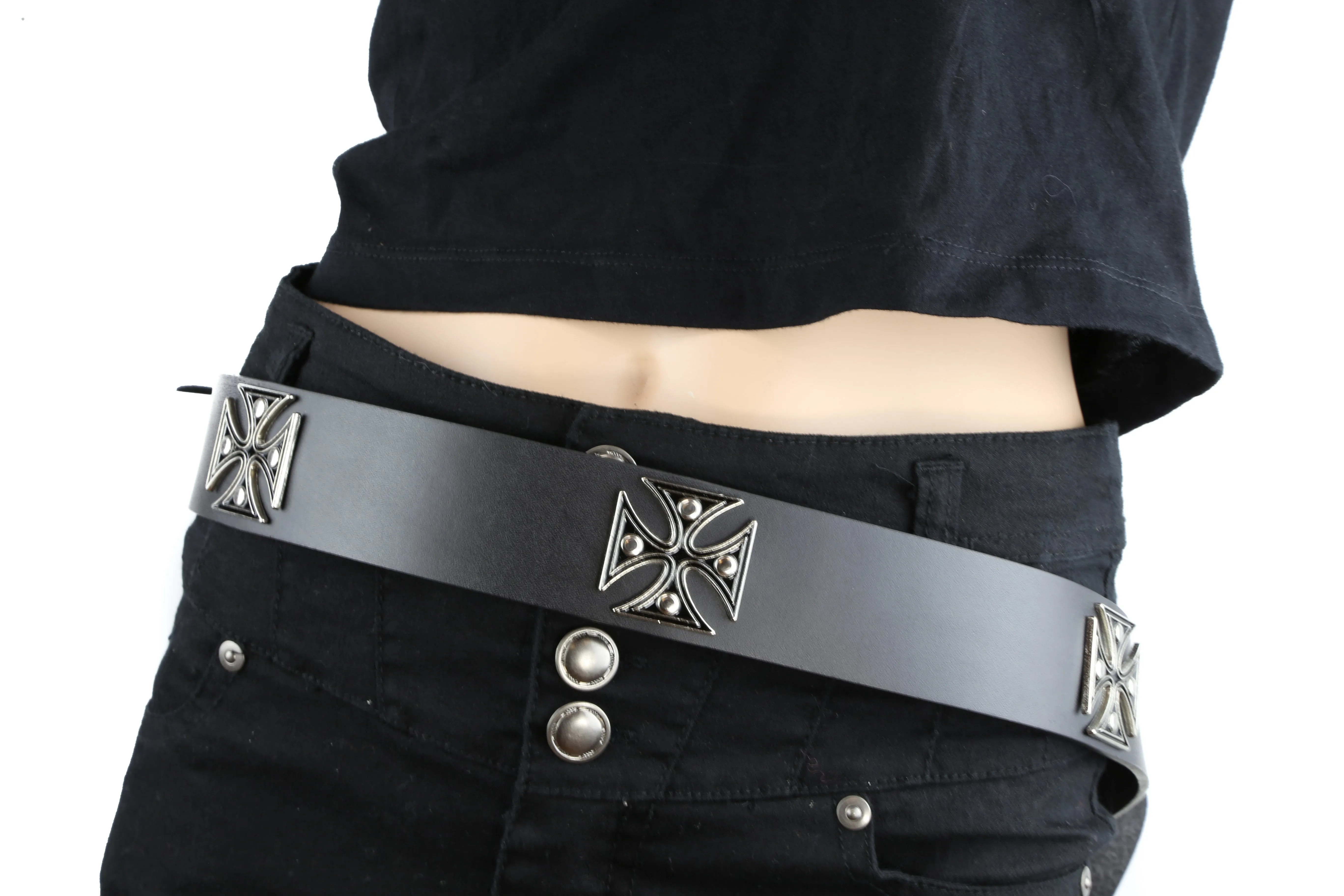 Black Belt With 1 1/2" Black Metal Iron Cross, 1 3/4" Wide