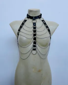 Black Faux Leather Harness Choker Chain Bondage