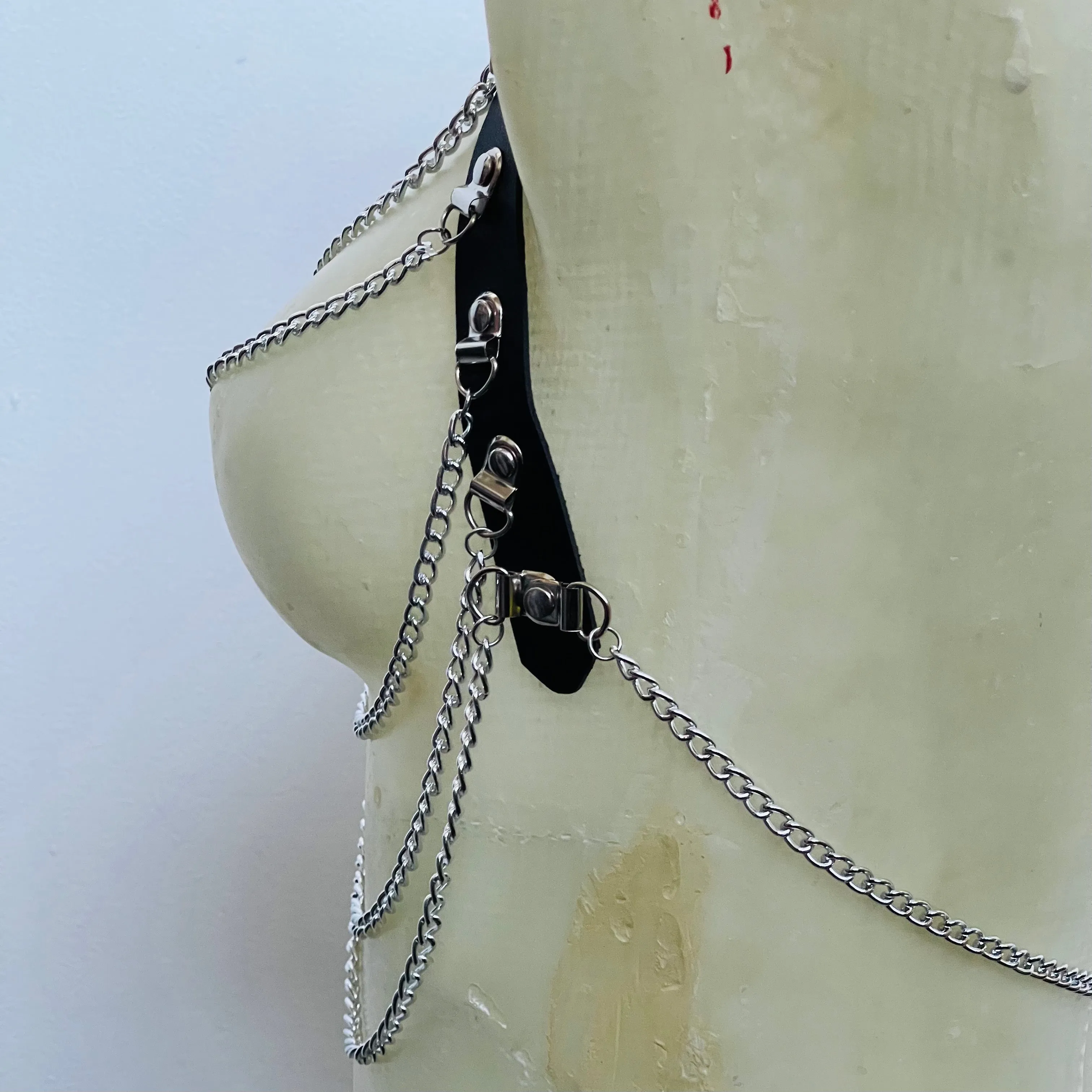 Black Faux Leather Harness Choker Chain Bondage
