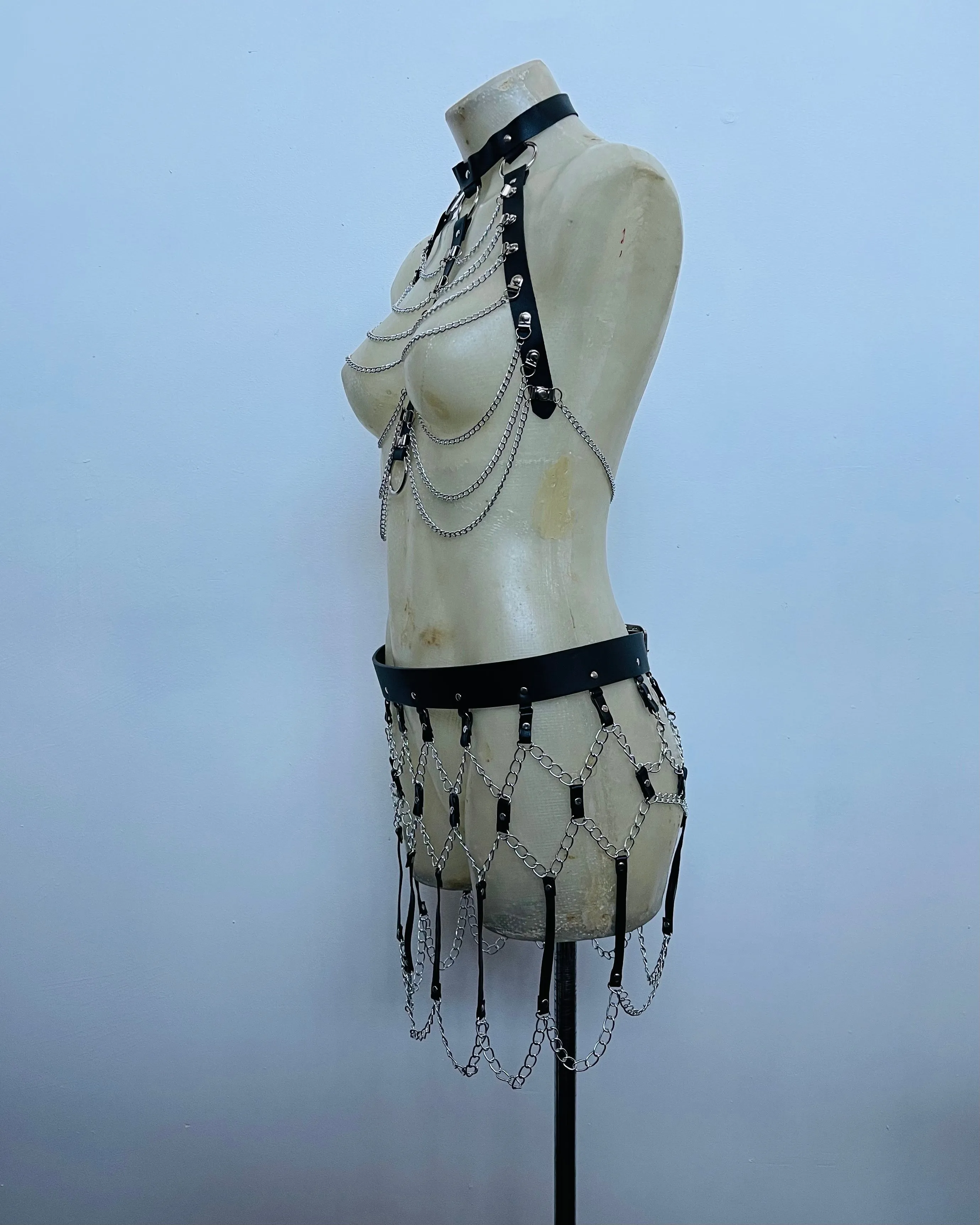 Black Faux Leather Harness Choker Chain Bondage