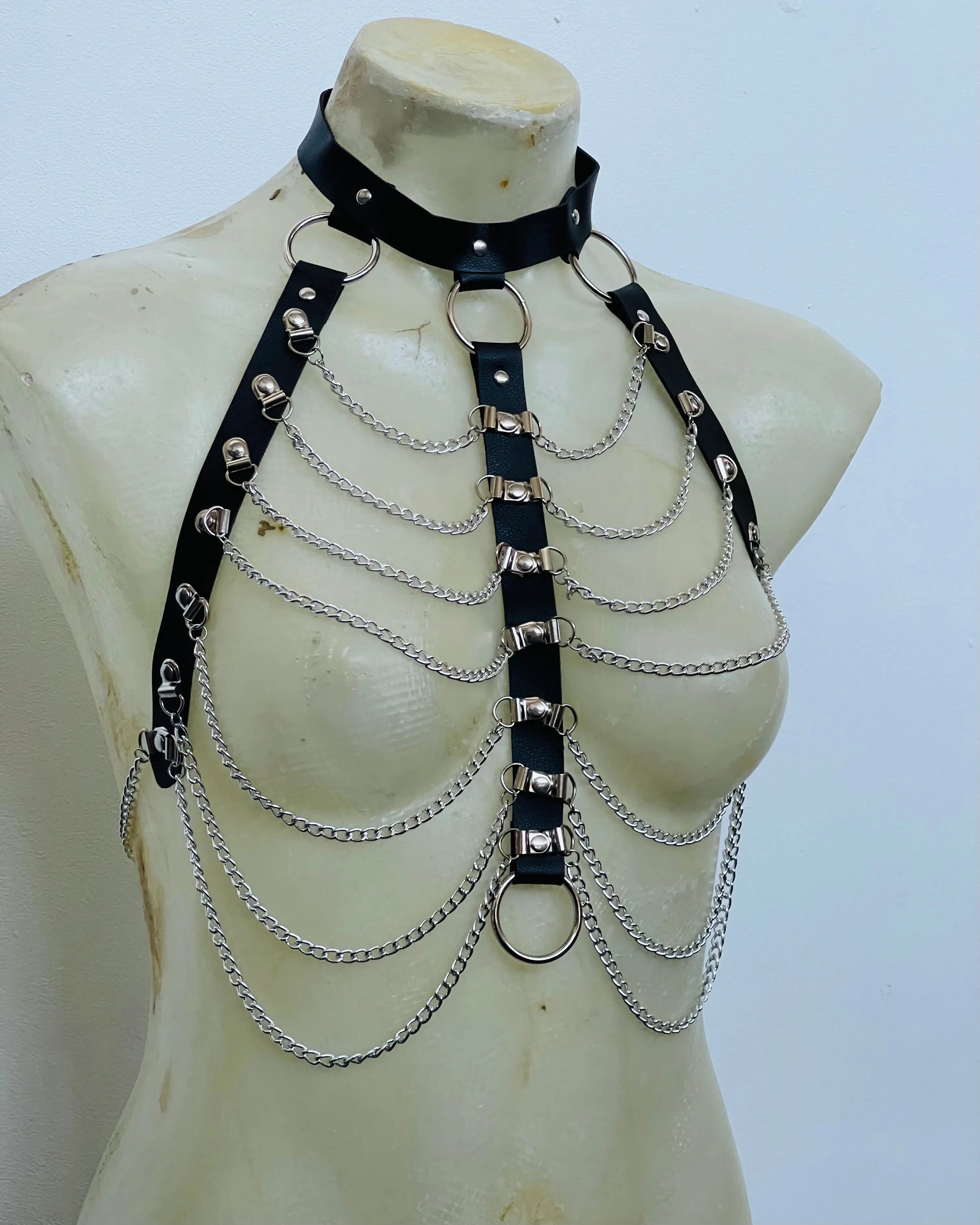 Black Faux Leather Harness Choker Chain Bondage