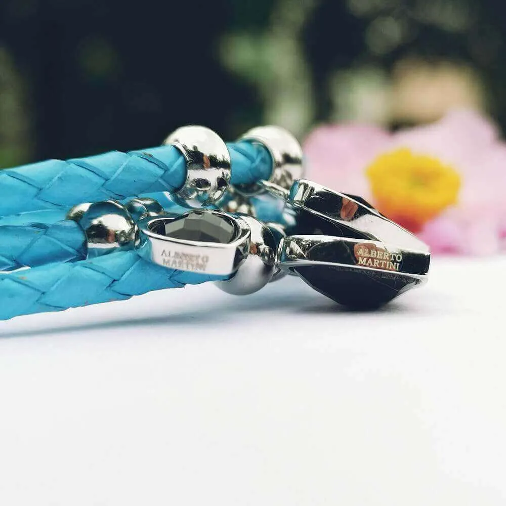 Blue Leather Bracelet Black Onyx Silver 925