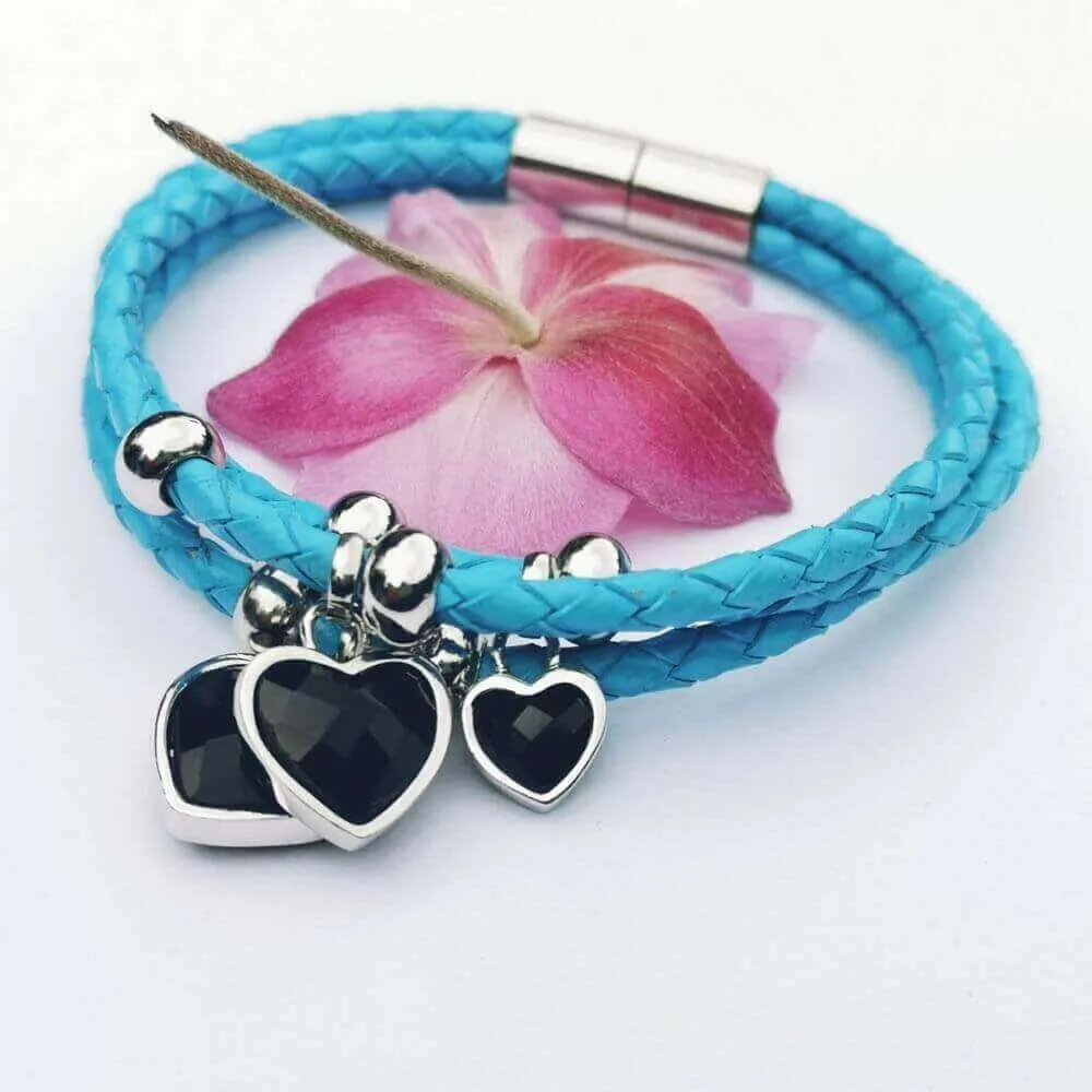Blue Leather Bracelet Black Onyx Silver 925