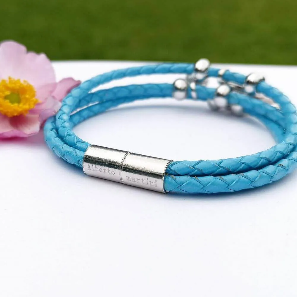 Blue Leather Bracelet Black Onyx Silver 925