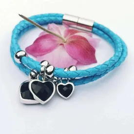 Blue Leather Bracelet Black Onyx Silver 925