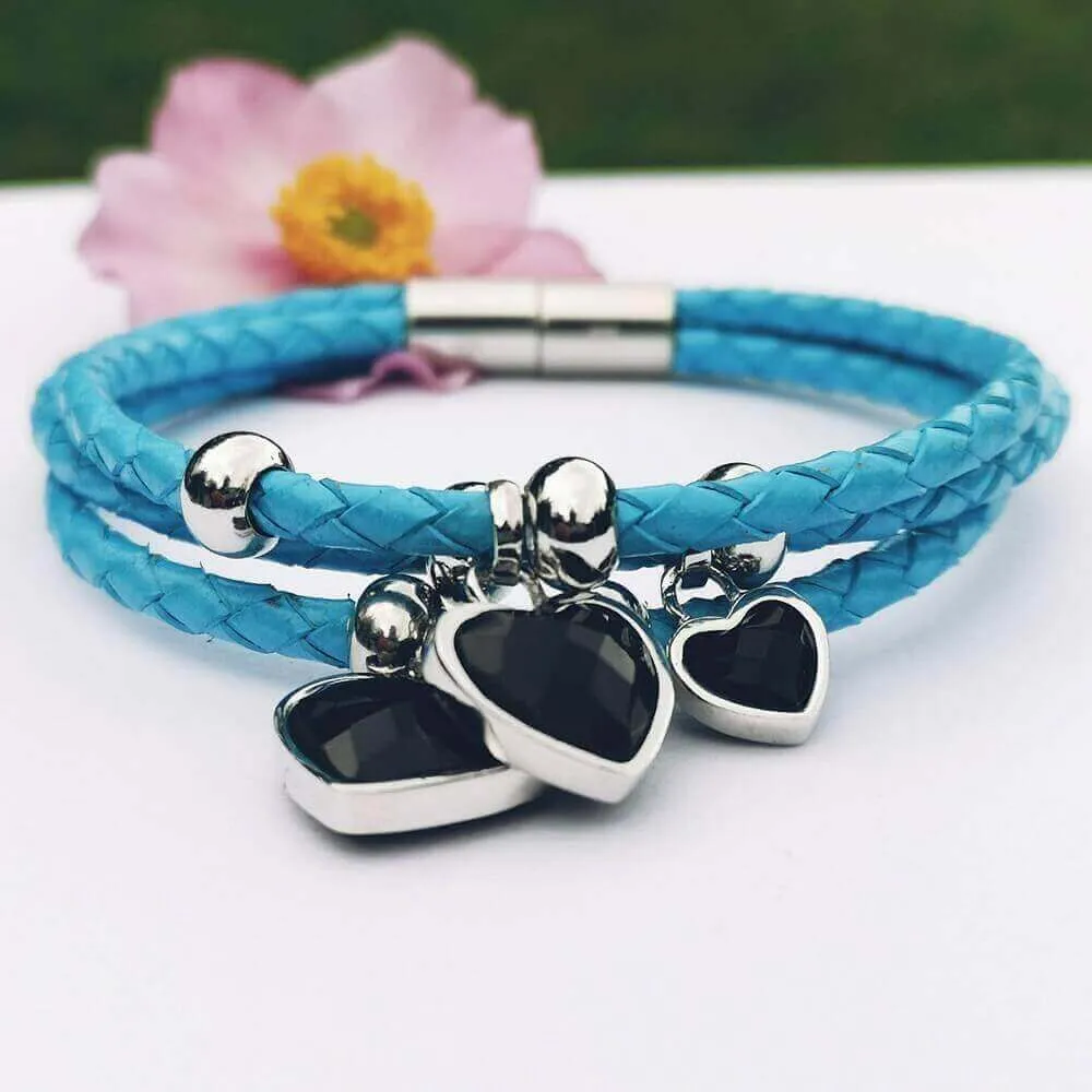 Blue Leather Bracelet Black Onyx Silver 925