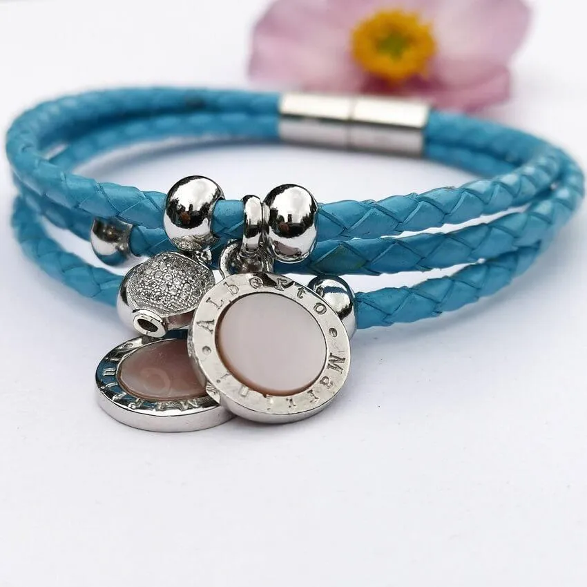 Blue Leather Bracelet Silver 925 Natural mother-of-pearl