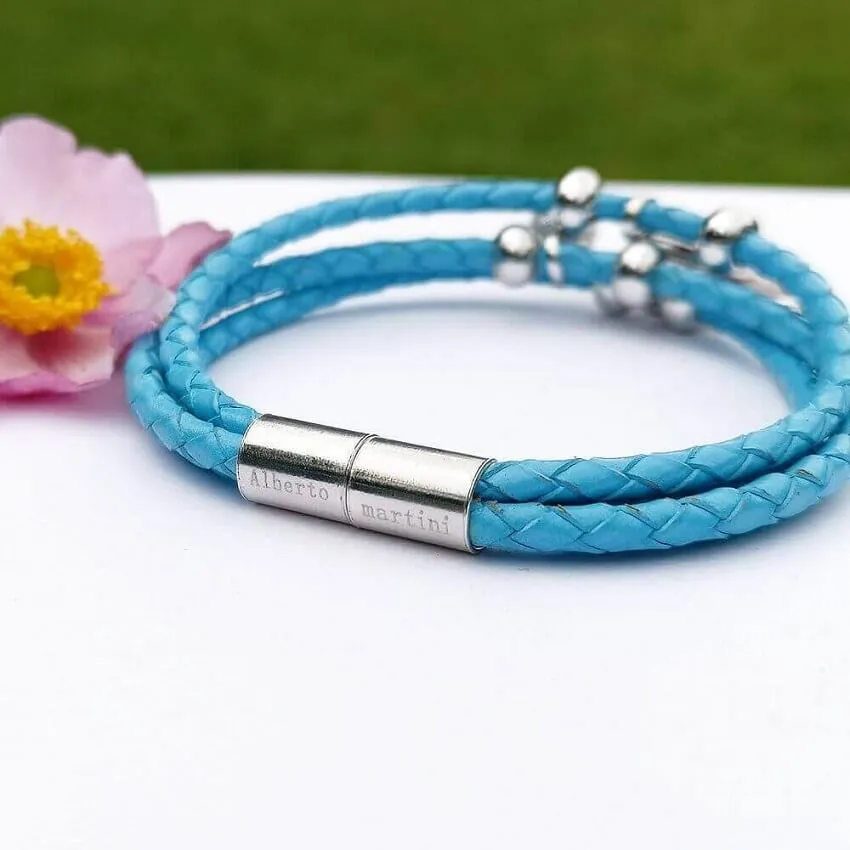 Blue Leather Bracelet Silver 925 Natural mother-of-pearl