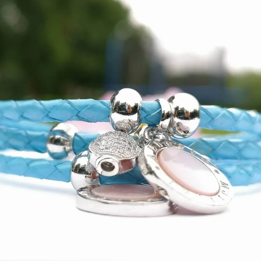 Blue Leather Bracelet Silver 925 Natural mother-of-pearl