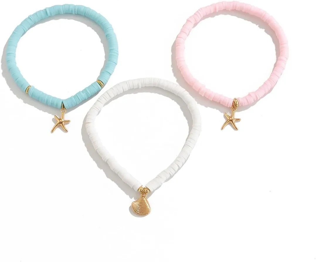 Bohemian Beaded Anklets Set Multilayered Shell Charm Pendant Foot Chain Boho Summer Beach Turquoise Conch Turtle Starfish Elastic Stackable Foot Jewelry for Women